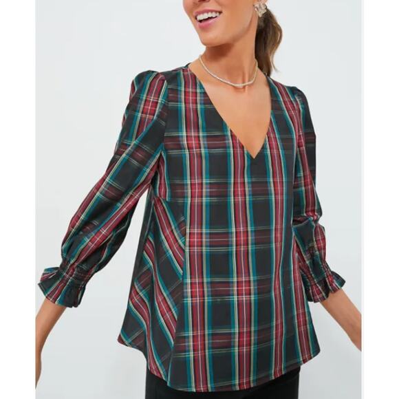 Tuckernuck Easton Highland Blouse in Glen Plaid V-Neck Puff Sleeves, Size Medium - Picture 1 of 11